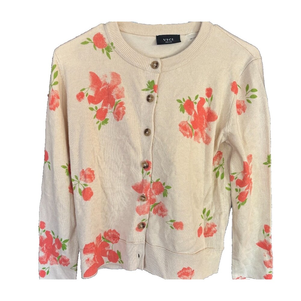 VICI Saddle Rose Knit Floral Cardigan Small Cream Coral Button Front Long Sleeve - Picture 6 of 15